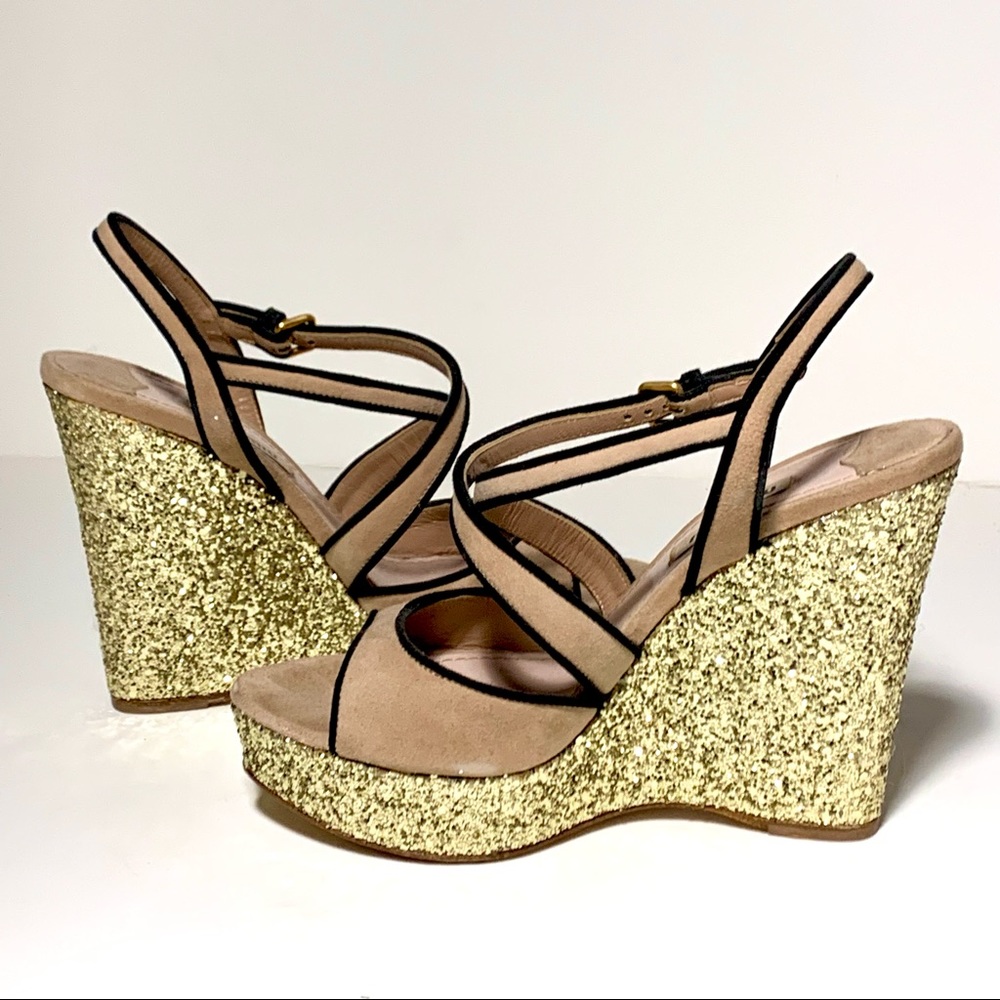 MIU MIU Iconic Gold Pink Glitter Wedge LN